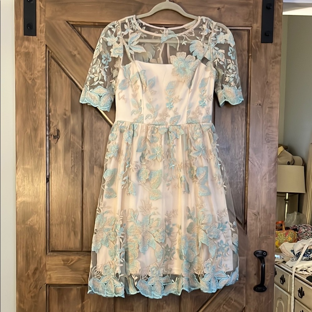 Adrianna Papell Cream and Green Floral Dress